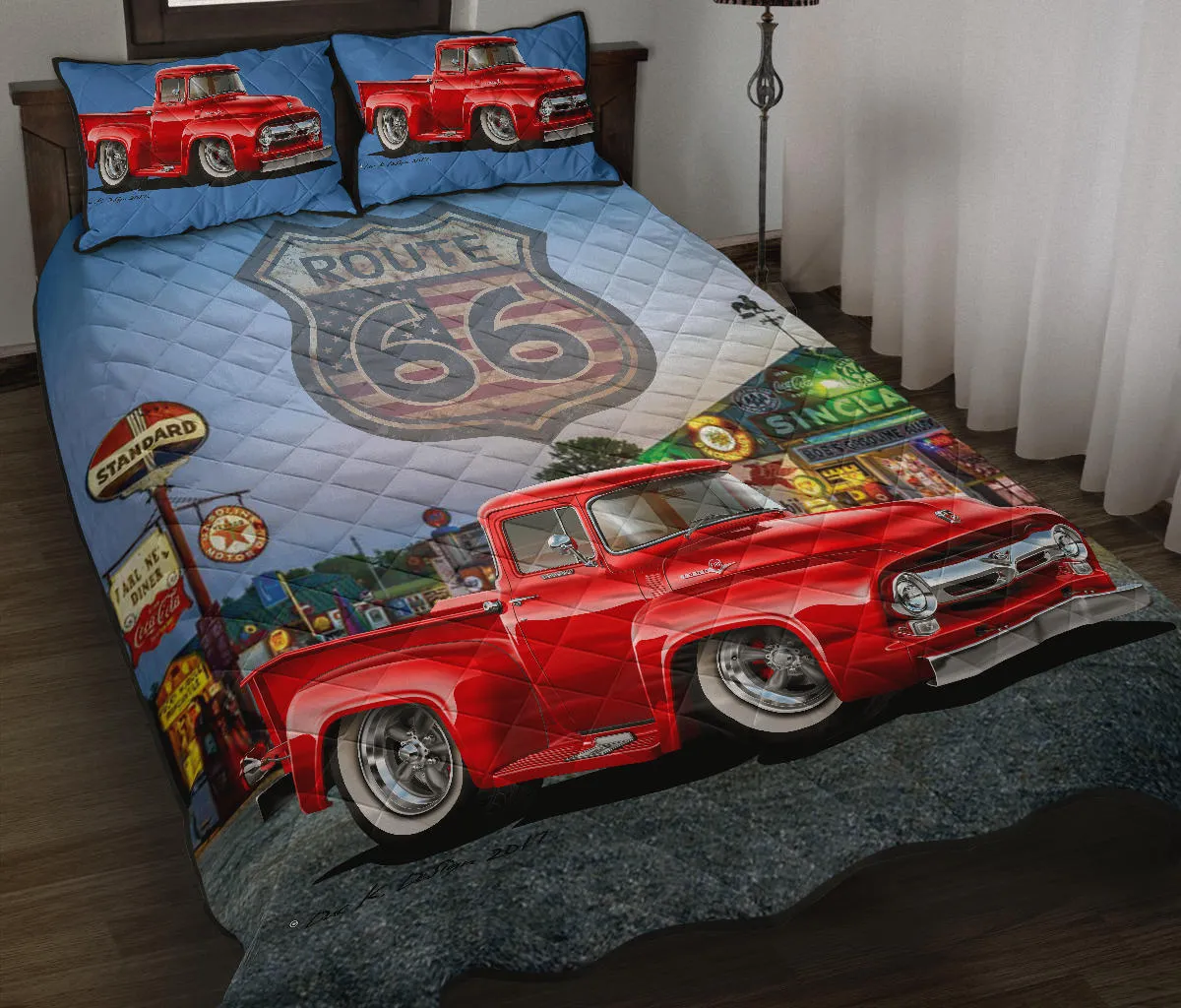 1956 Ford F100 Red Pickup Truck Route 66 Quilt Set