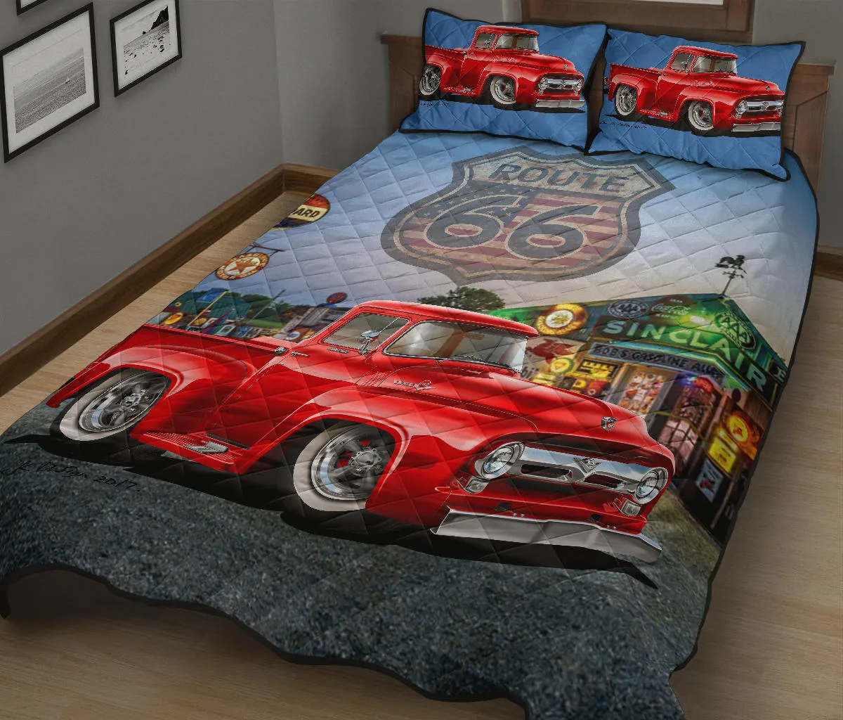 1956 Ford F100 Red Pickup Truck Route 66 Quilt Set