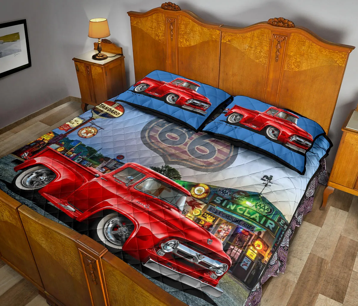 1956 Ford F100 Red Pickup Truck Route 66 Quilt Set