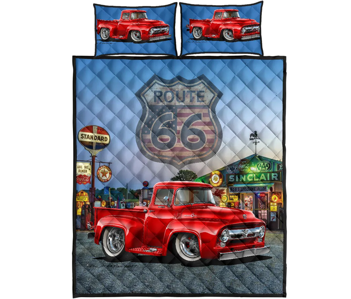 1956 Ford F100 Red Pickup Truck Route 66 Quilt Set