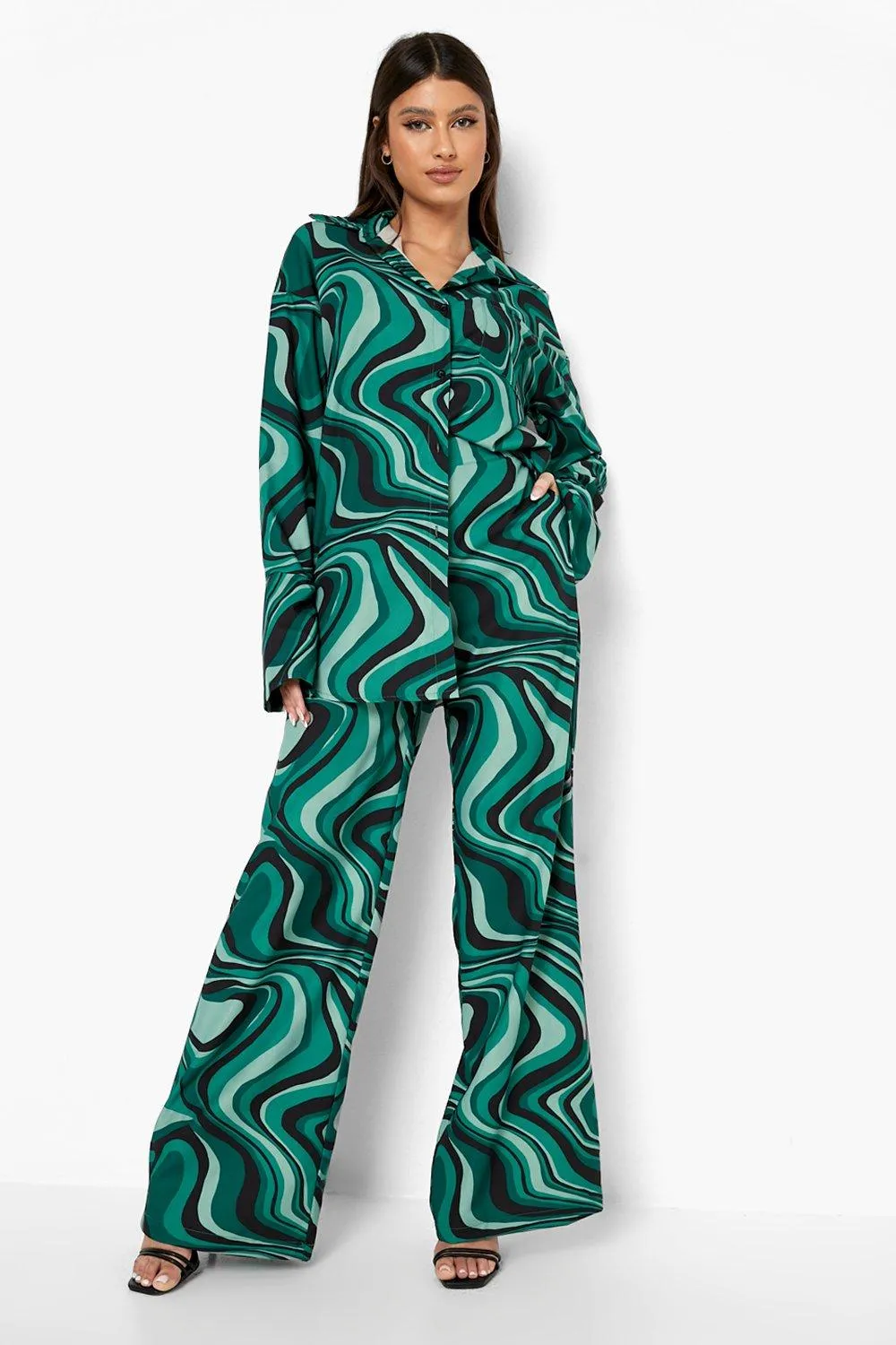 Abstract Print Matte Satin Wide Leg Pants