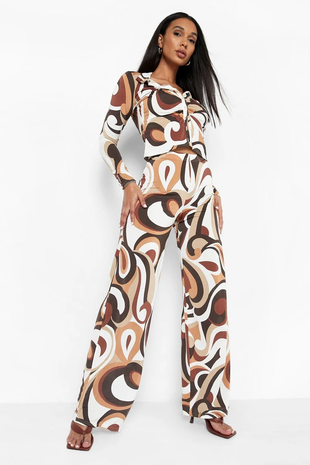 Abstract Ruched Shirt & Wide Leg Pants