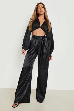 Belted Pleat Front Satin Wide Leg Pants