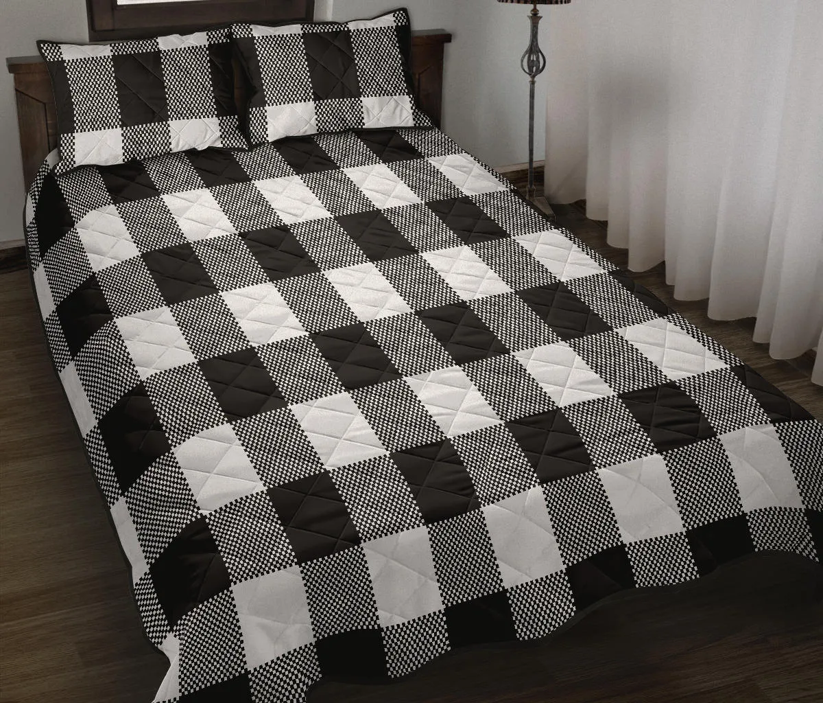 Black and White Buffalo Plaid Quilt Set with Shams