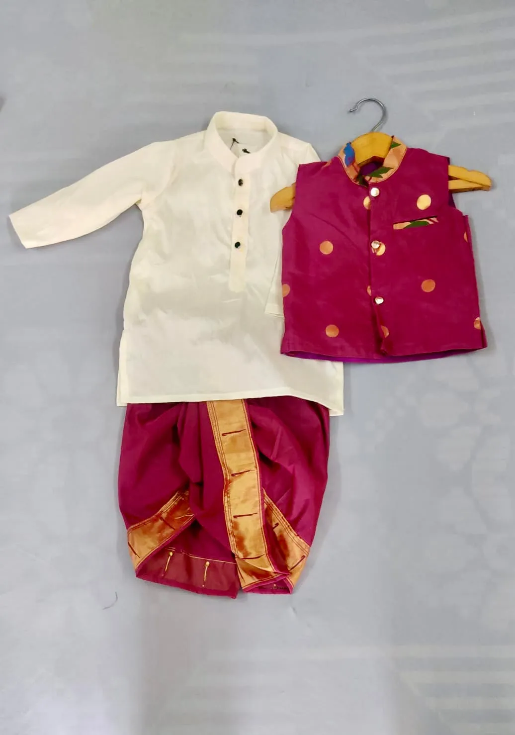 Boy's premium Paithani with golden border dhoti kurta with jacket (cream and wine )