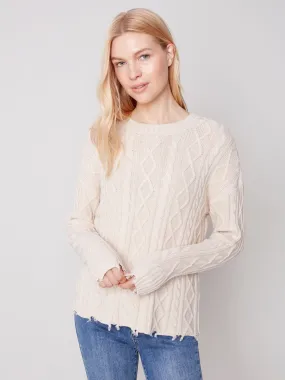 Charlie B Cable Knit Sweater With Frayed Hem