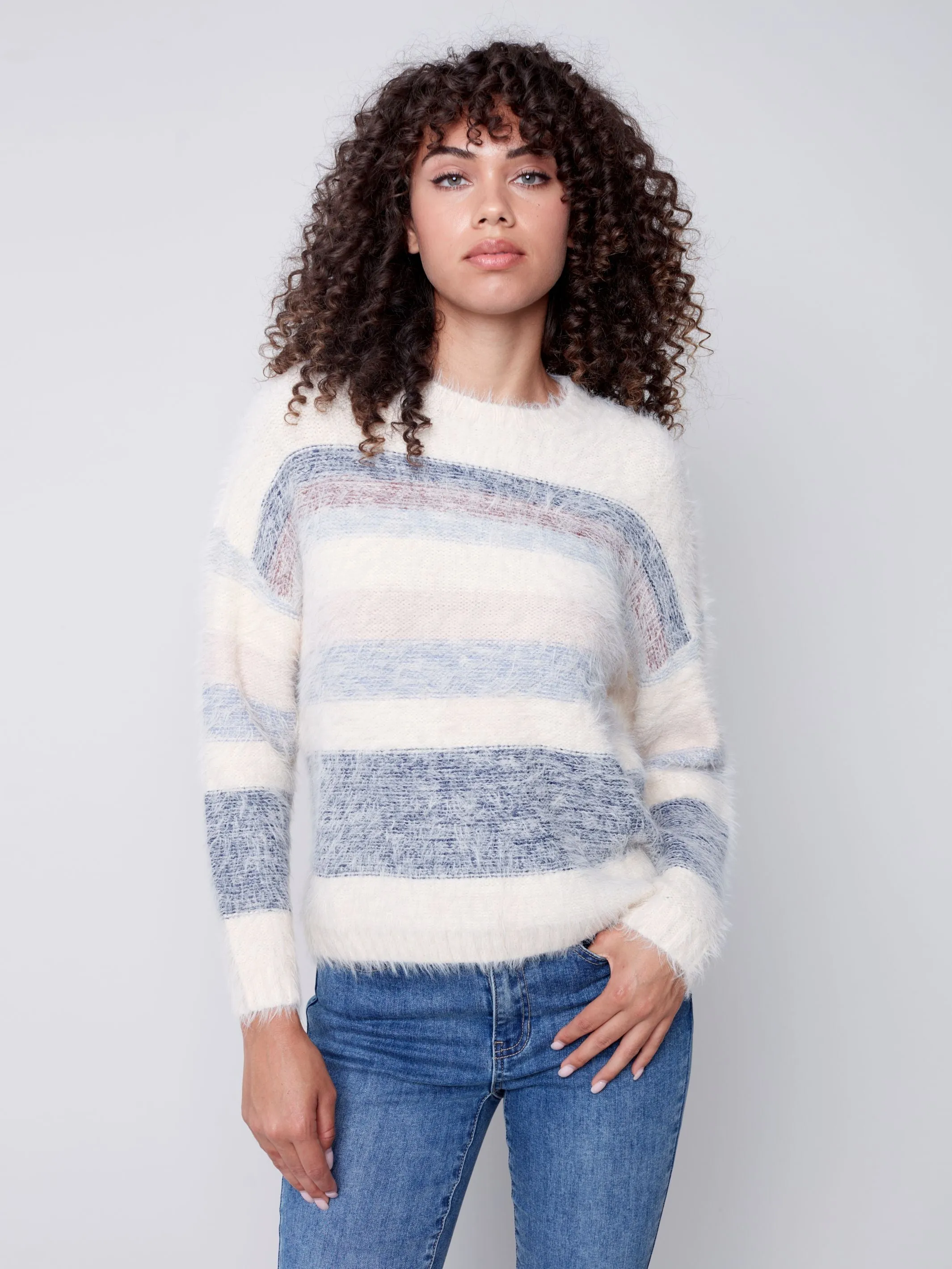 Charlie B Crew-Neck Drop Shoulder Fuzzy Stripe Sweater