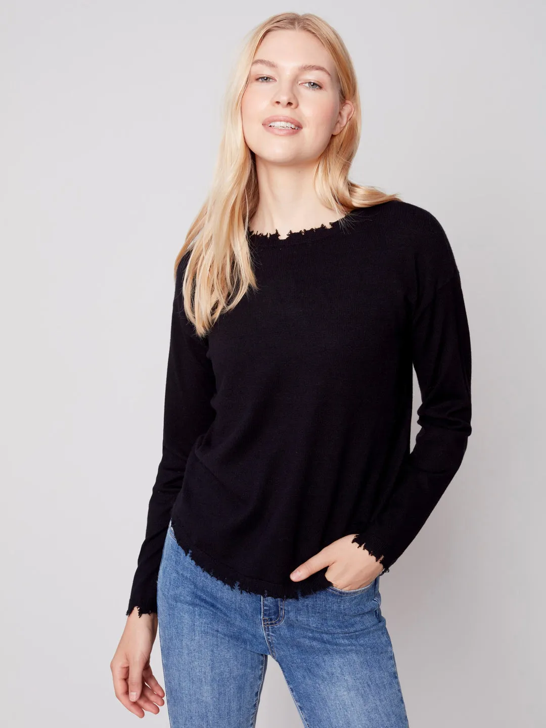 Charlie B Crew-Neck Drop-Shoulder Sweater With Frayed-Edge Details