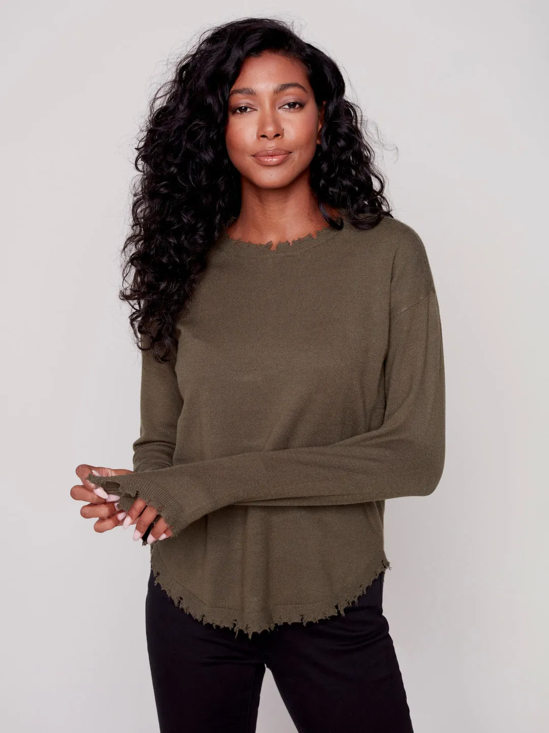 Charlie B Crew-Neck Drop-Shoulder Sweater With Frayed-Edge Details