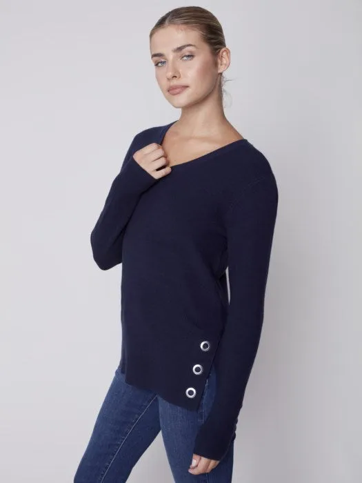 Charlie B V-Neck Sweater with Side Slit With Eyelet Detail