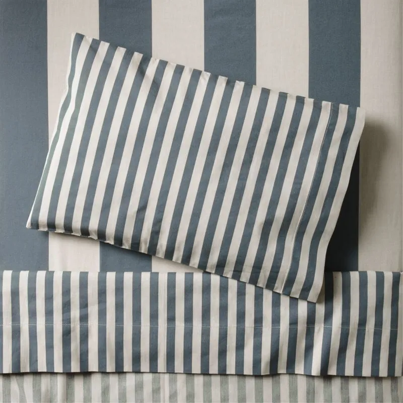 Crate&Barrel Riviera Slate Blue Stripe Organic Cotton Toddler Sheet Set