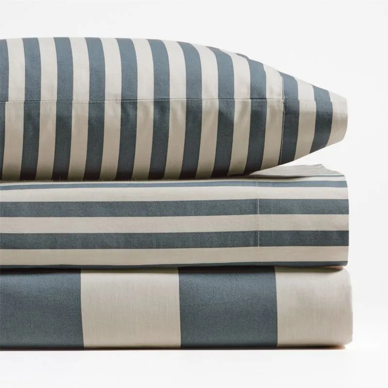 Crate&Barrel Riviera Slate Blue Stripe Organic Cotton Toddler Sheet Set