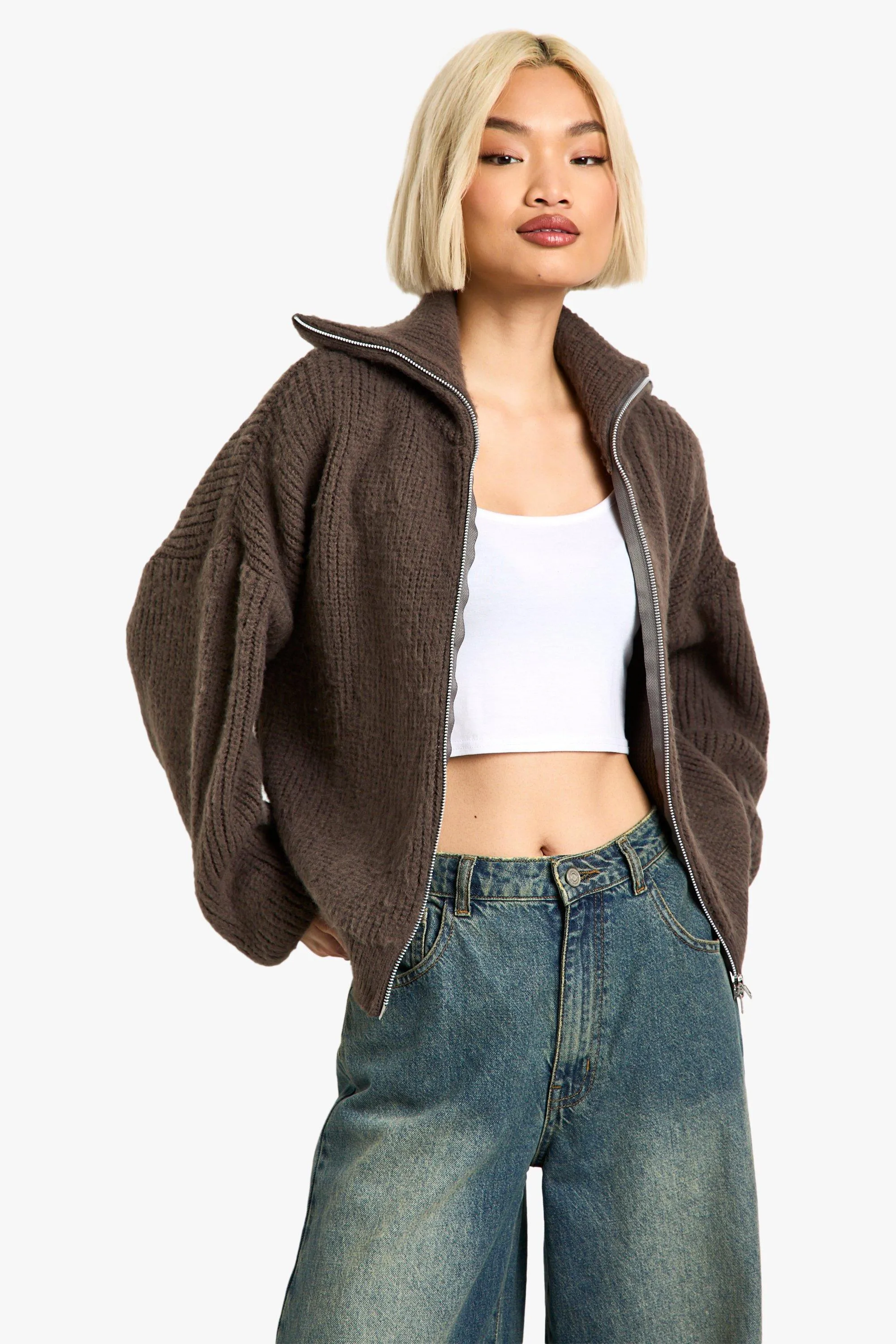 Double Ended Zip Up Brushed Knit Oversized Cardigan