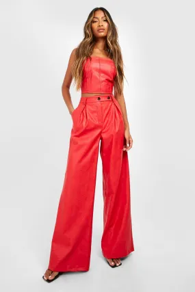 Faux Leather Contrast Button Wide Leg Pants