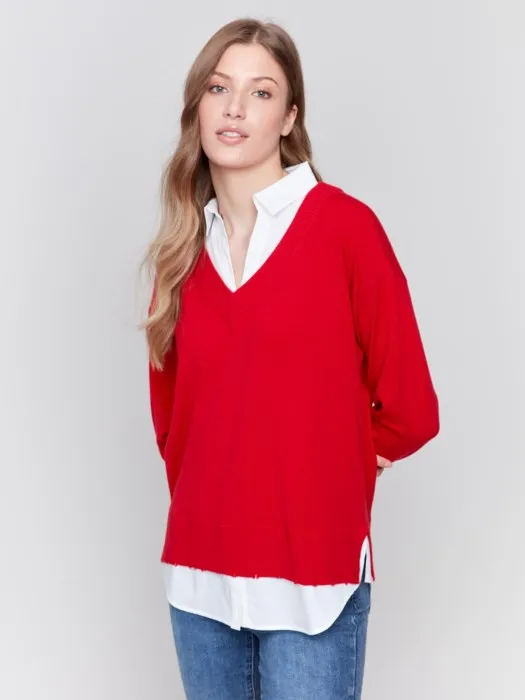 FINAL SALE Charlie B C2568R V-Neck Fooler Sweater with Shirt Collar