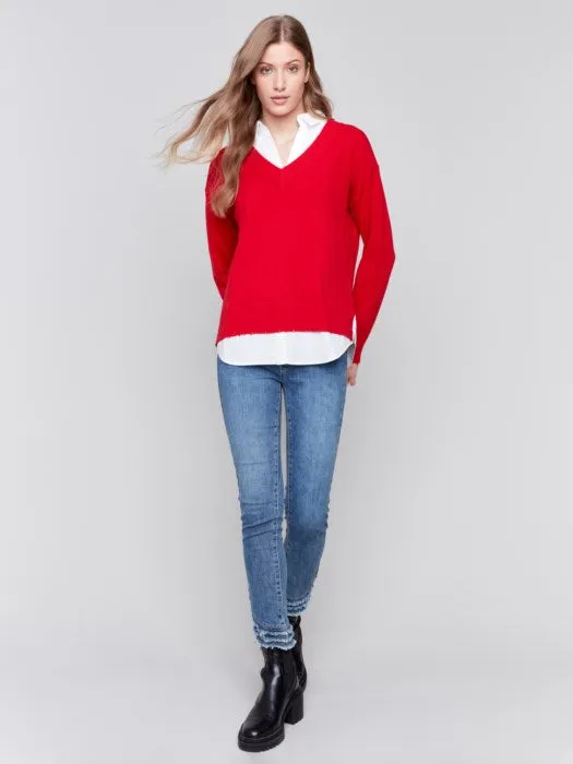 FINAL SALE Charlie B C2568R V-Neck Fooler Sweater with Shirt Collar