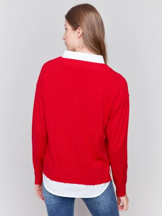 FINAL SALE Charlie B C2568R V-Neck Fooler Sweater with Shirt Collar