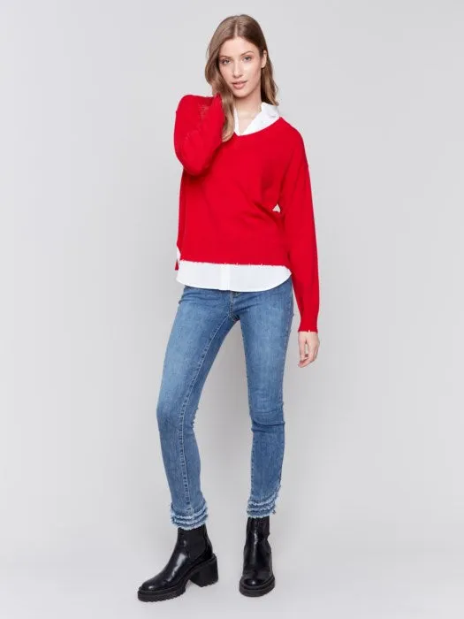 FINAL SALE Charlie B C2568R V-Neck Fooler Sweater with Shirt Collar