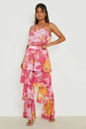 Floral Mesh Tiered Wide Leg Pants