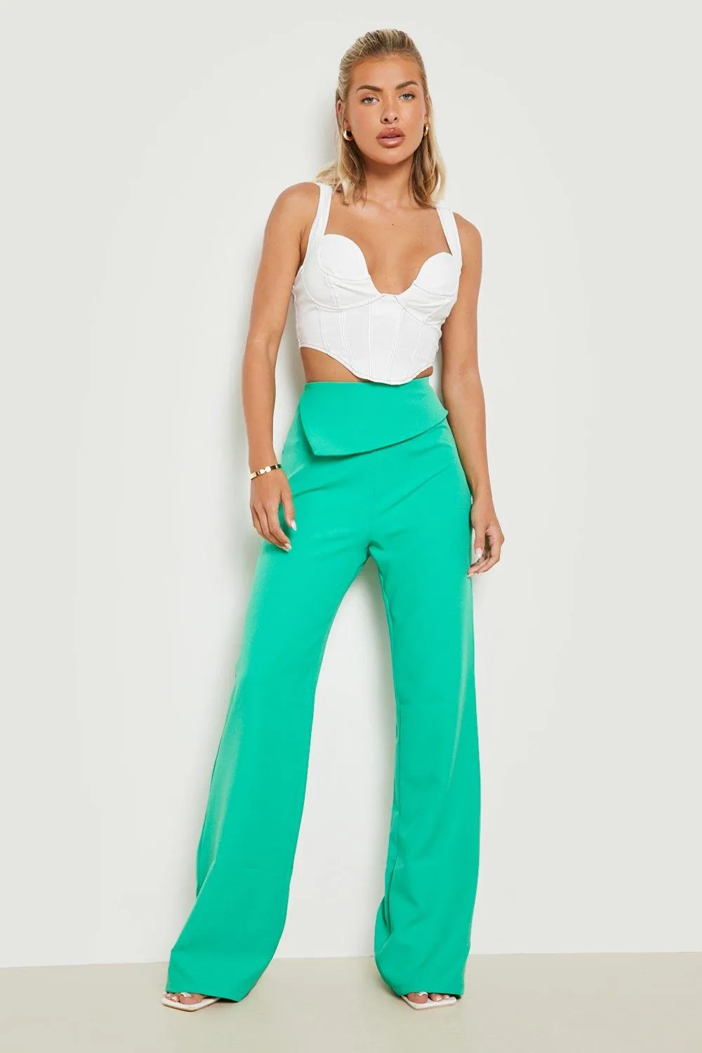 Fold Over Waist Detail Wide Leg Pants