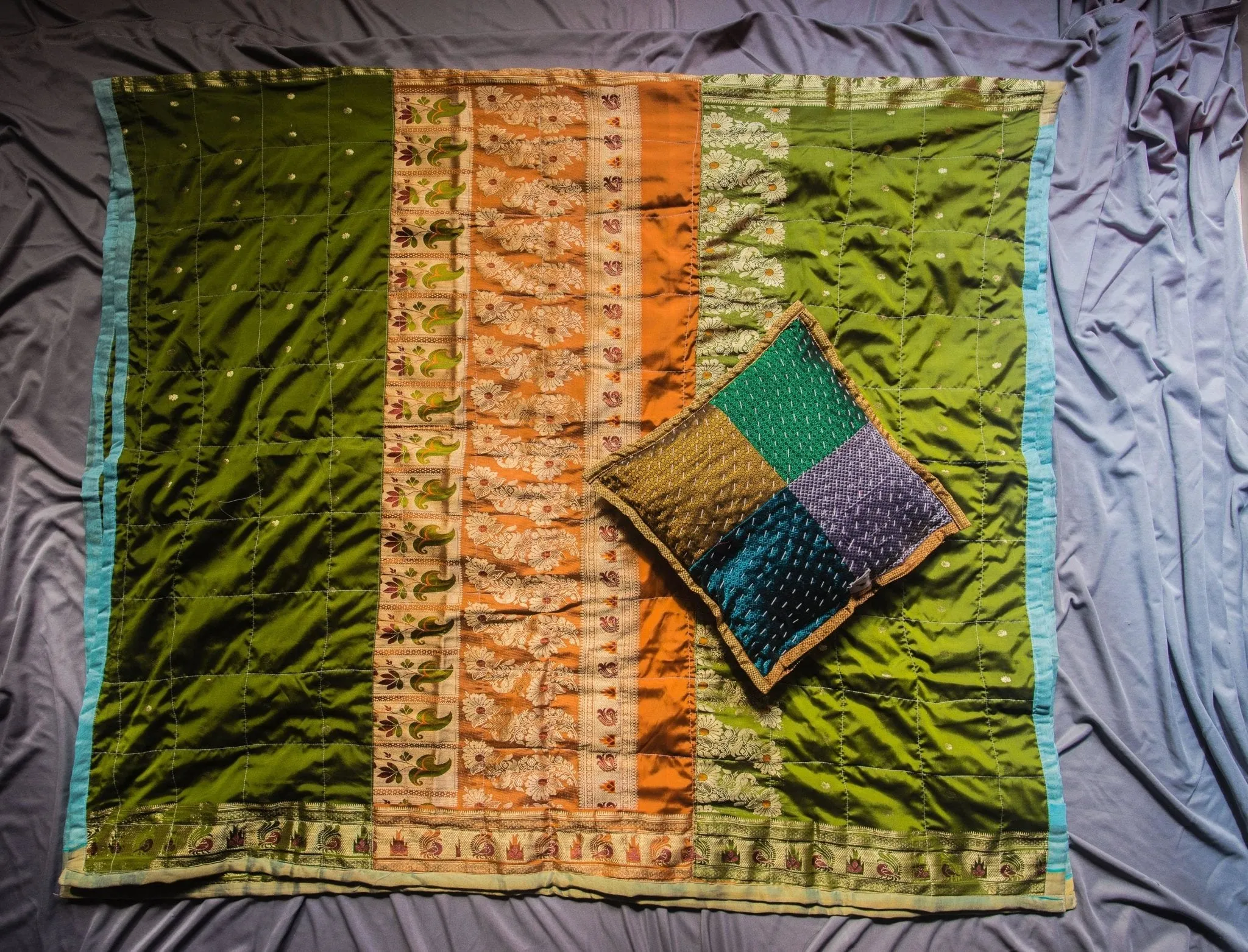 Green Godhadi Quilt with Hand stitch Godhadi art Multicolor cushion cover combo