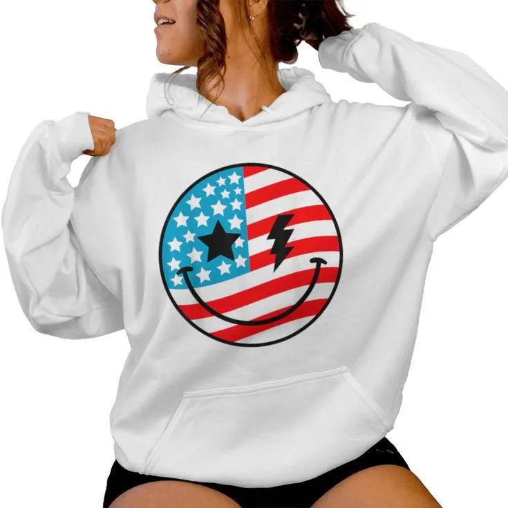 Happy 4Th Of July Groovy Smile Face Red White Blue Usa Flag Women Hoodie