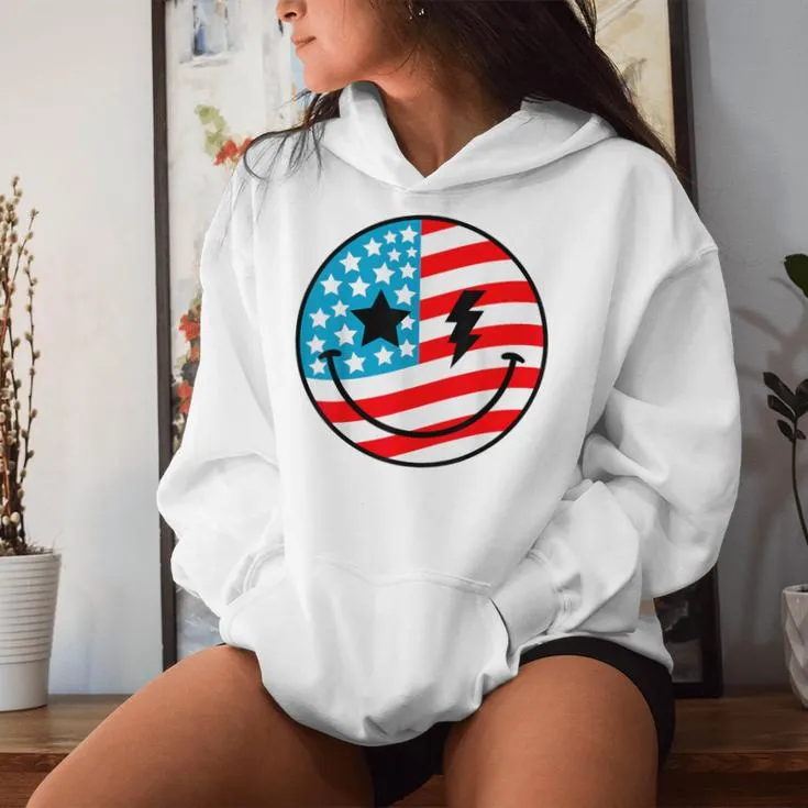 Happy 4Th Of July Groovy Smile Face Red White Blue Usa Flag Women Hoodie