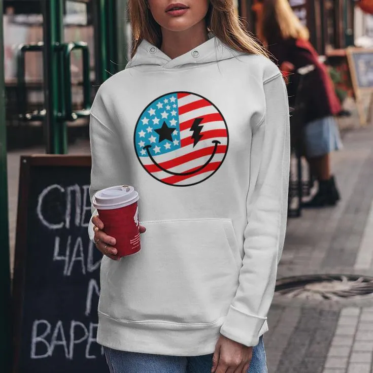 Happy 4Th Of July Groovy Smile Face Red White Blue Usa Flag Women Hoodie