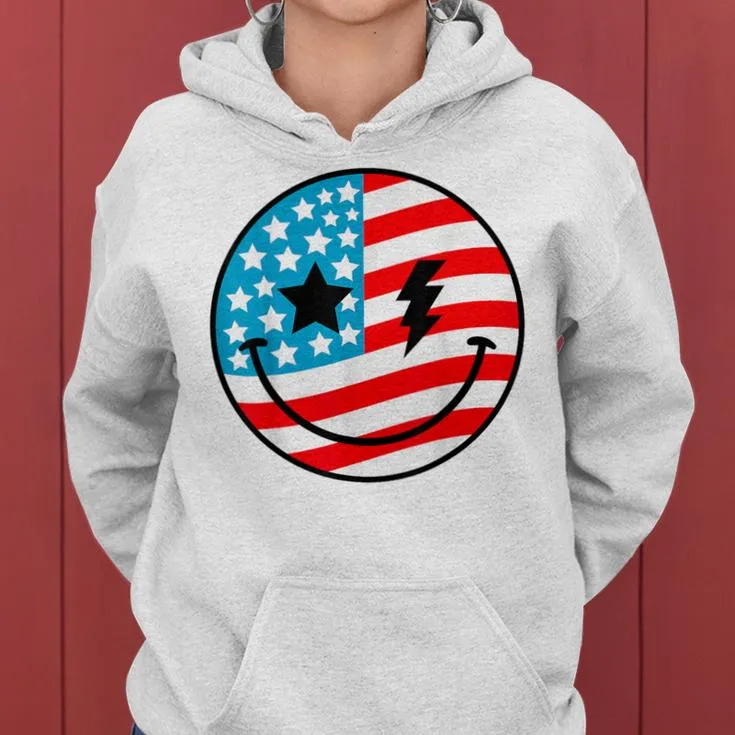 Happy 4Th Of July Groovy Smile Face Red White Blue Usa Flag Women Hoodie