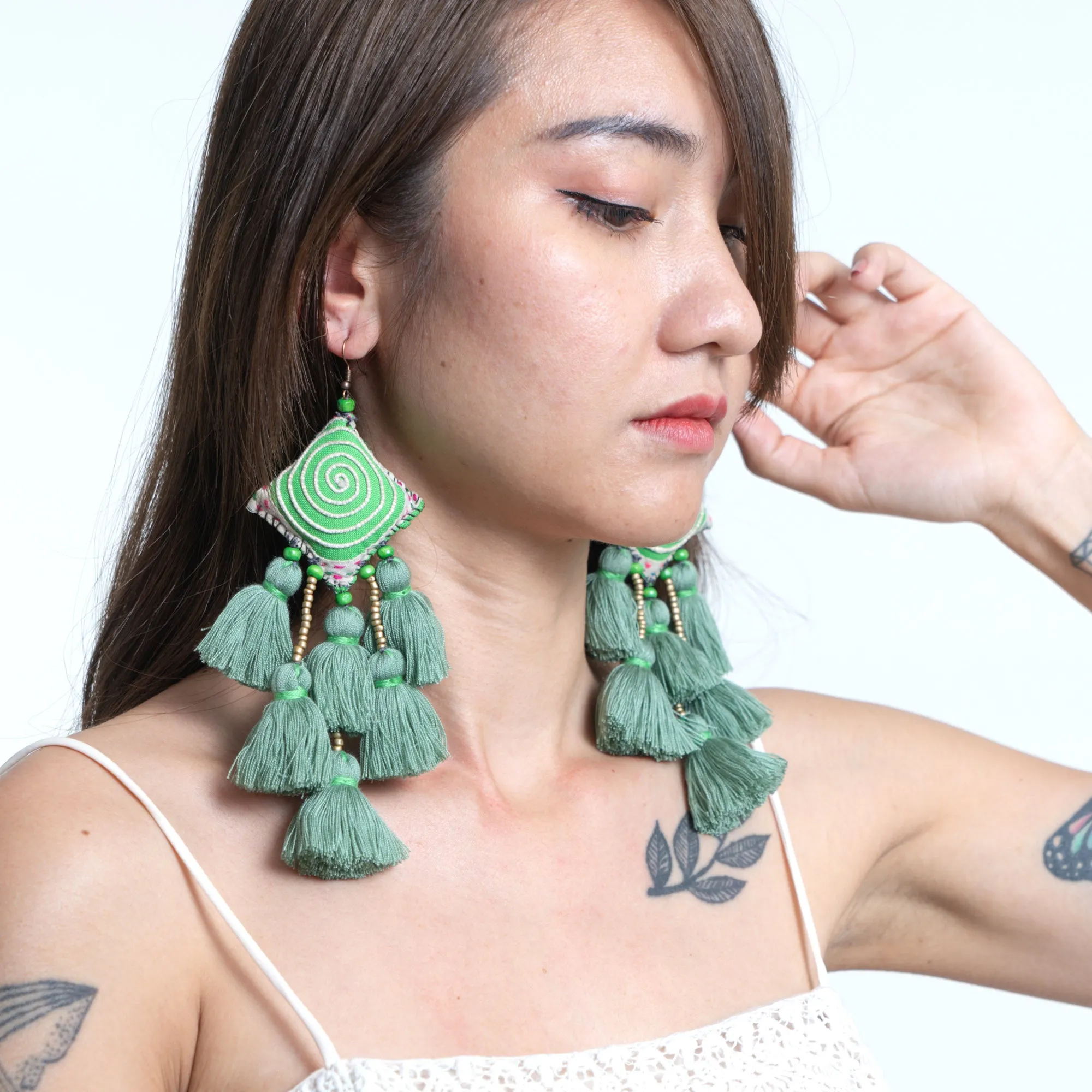 Hill Tribe Pillow Tassels Earrings in Green