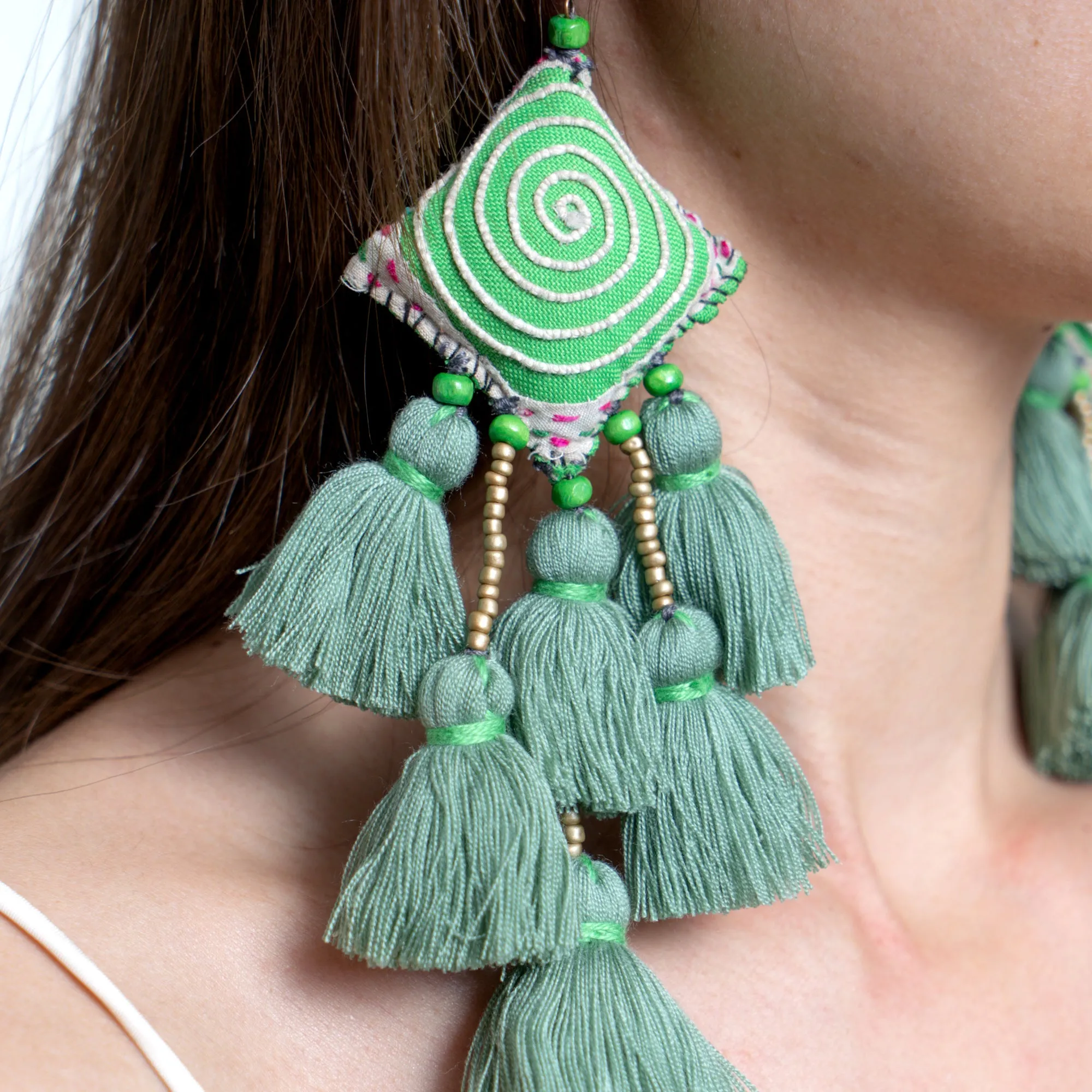 Hill Tribe Pillow Tassels Earrings in Green