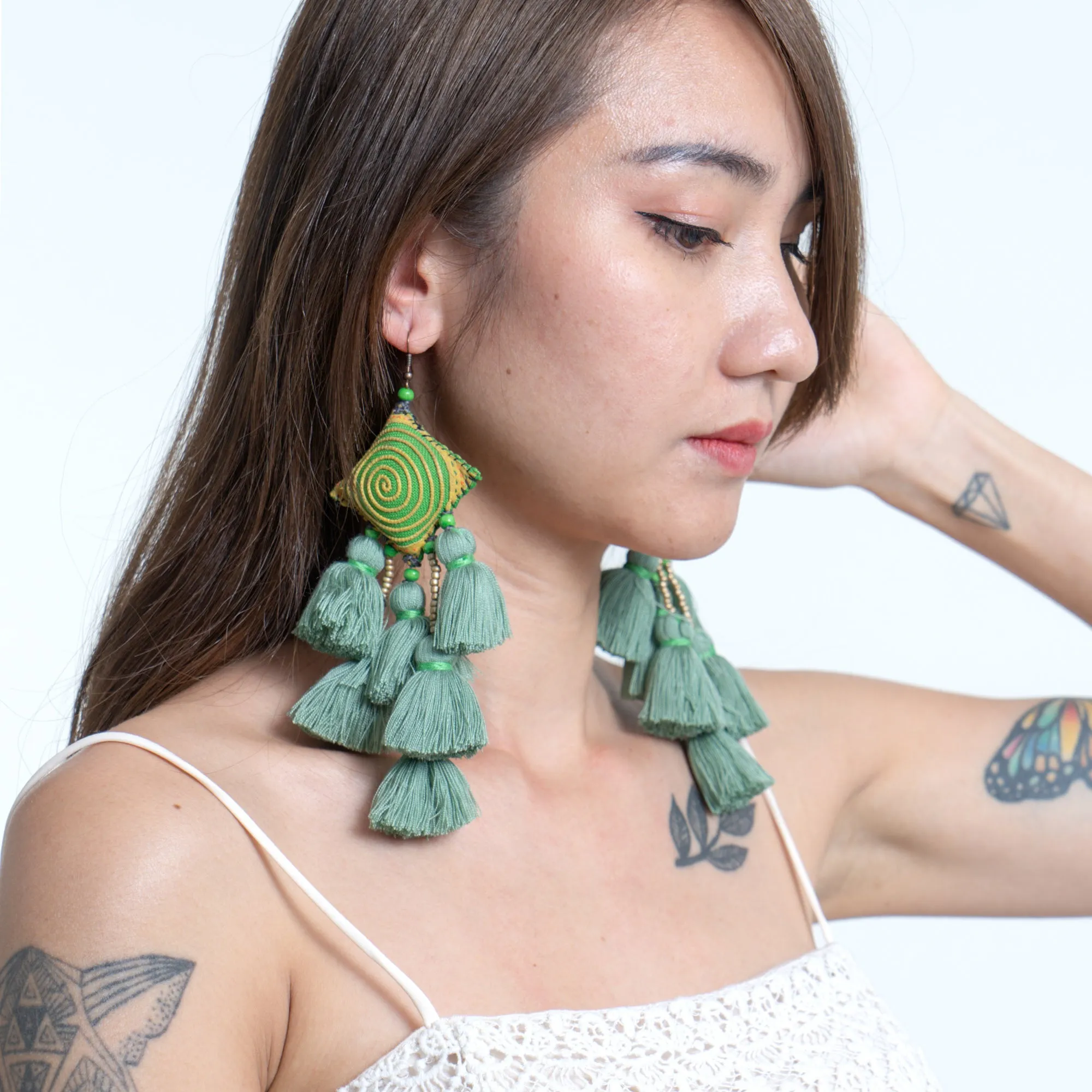 Hill Tribe Pillow Tassels Earrings in Green