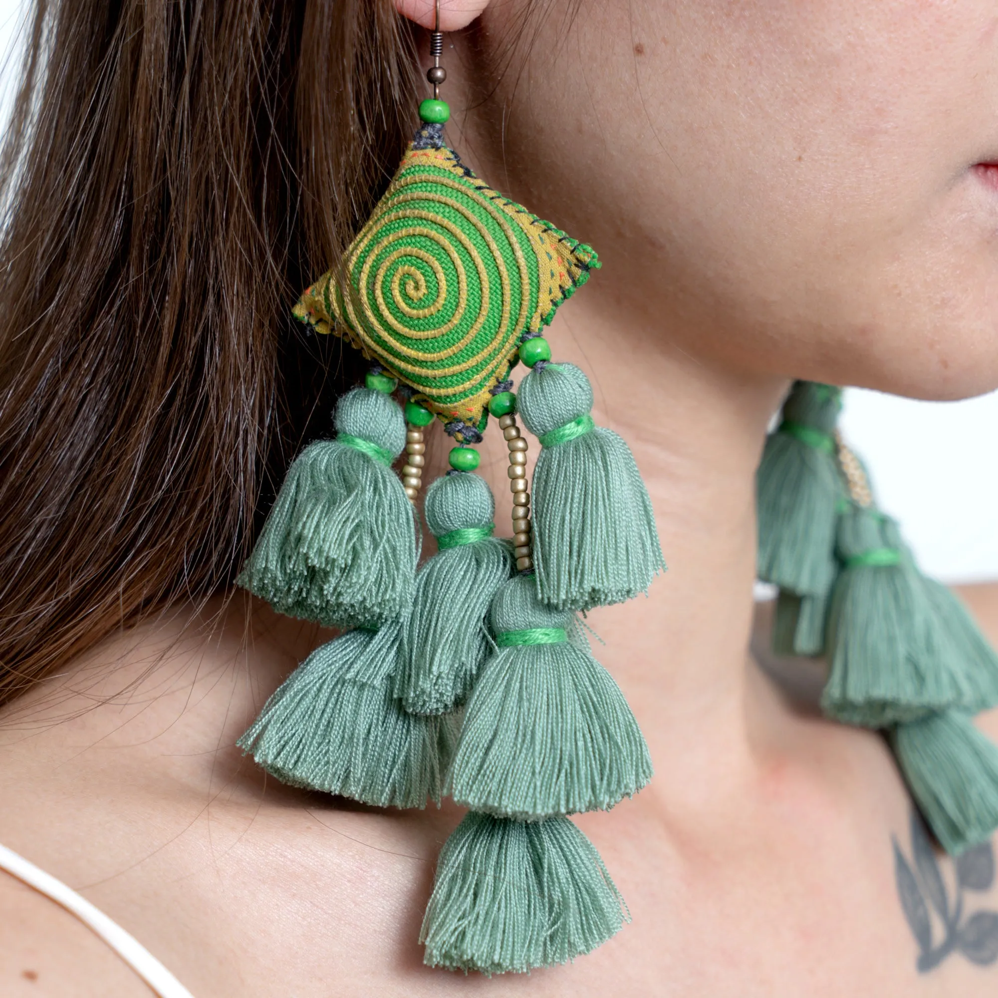 Hill Tribe Pillow Tassels Earrings in Green