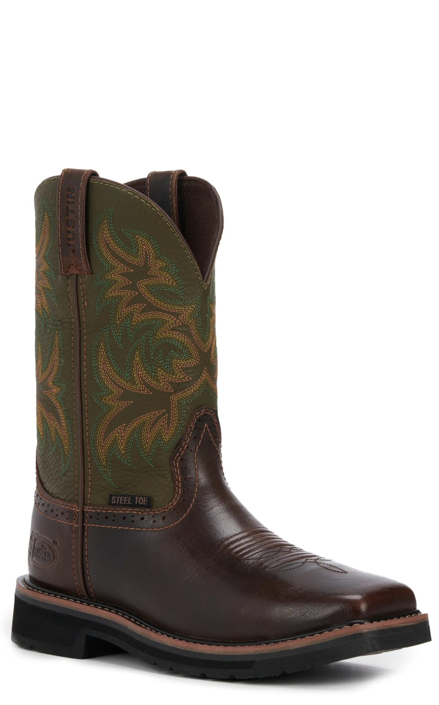 Justin Men's Stampede Driller Brown and Green Square Steel Toe Work Boot