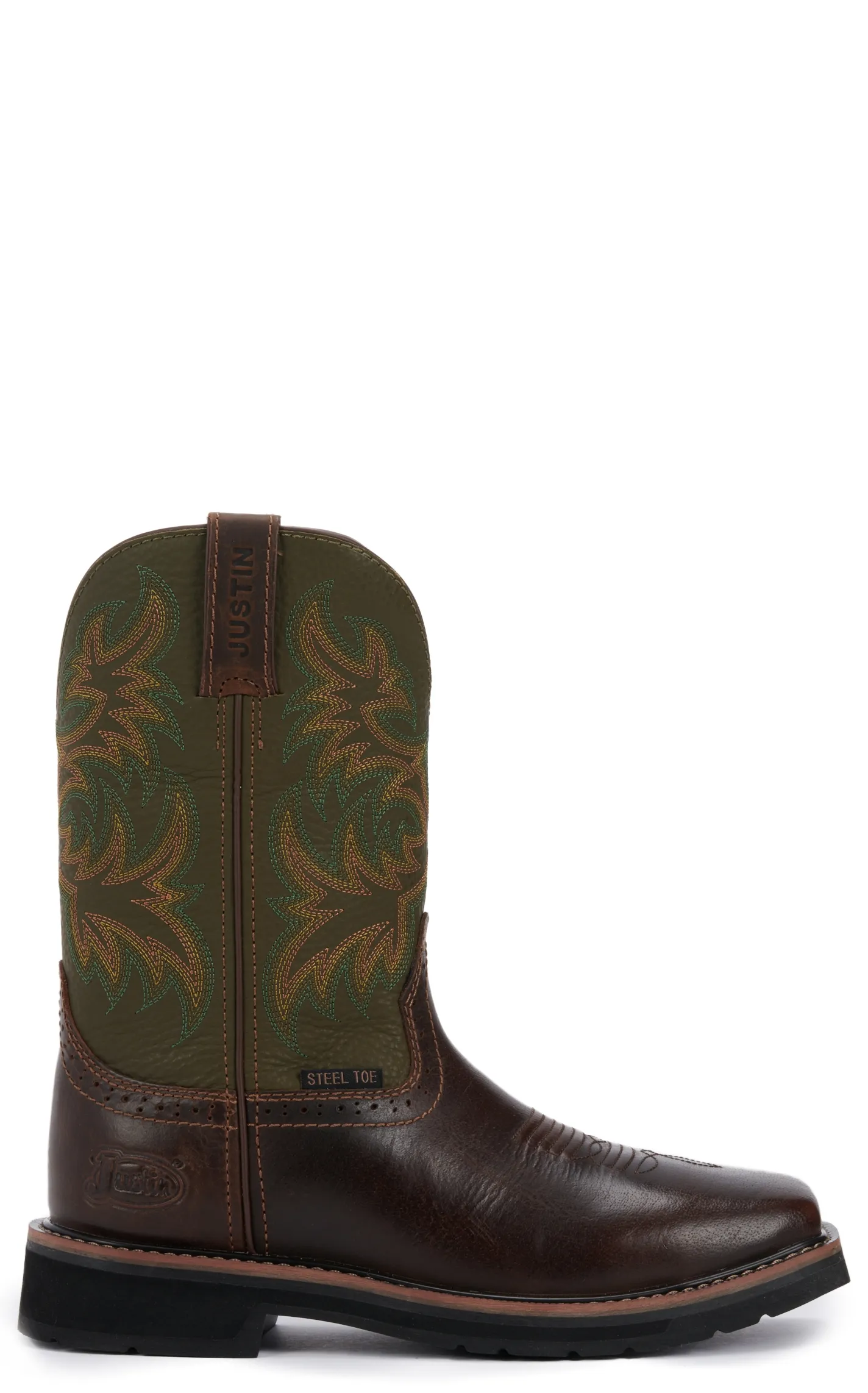 Justin Men's Stampede Driller Brown and Green Square Steel Toe Work Boot