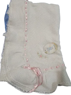 Knit Blanket, White w/Pink Trim