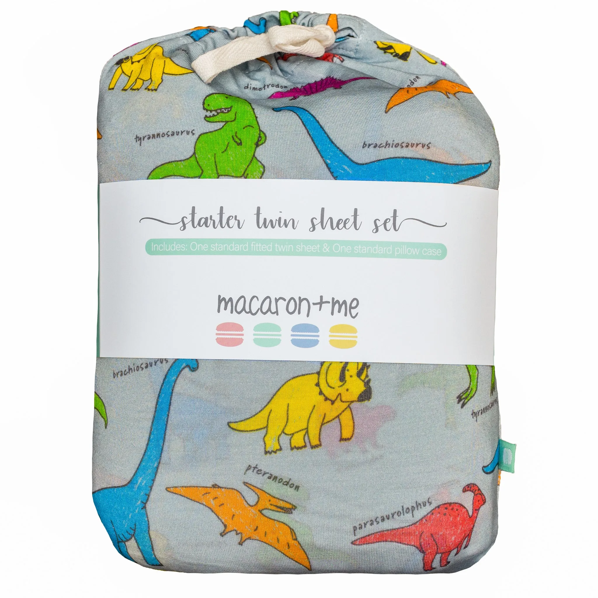 Neon Dinos Bamboo Viscose Fitted Twin Sheet and Pillow Case Set from macaron + me