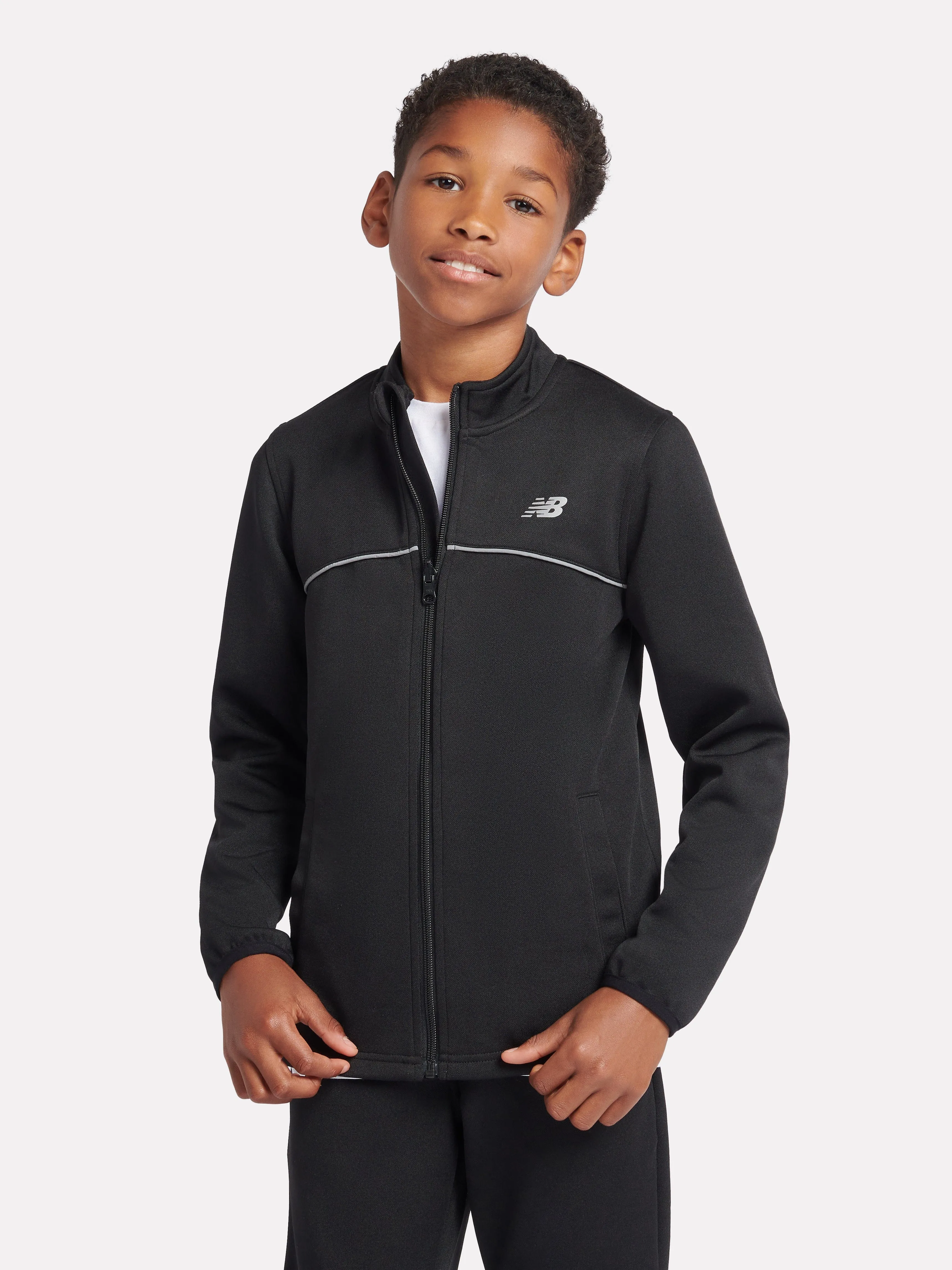 New Balance Boys Tricot Funnel Zip Up Top in Black