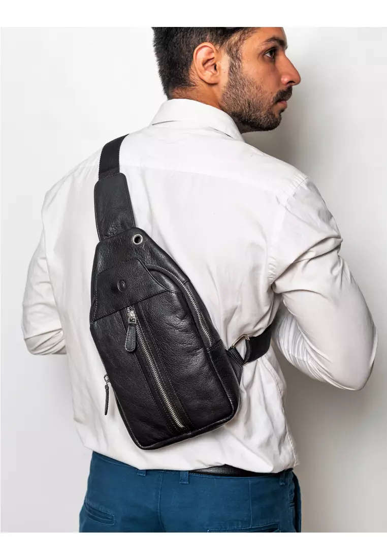 Oxhide Oxhide Leather Men's Chest Bag -Travel Bag -Sling BackPack-Crossbody Bag -Lightweight BackPack - Oxhide 10026 Black