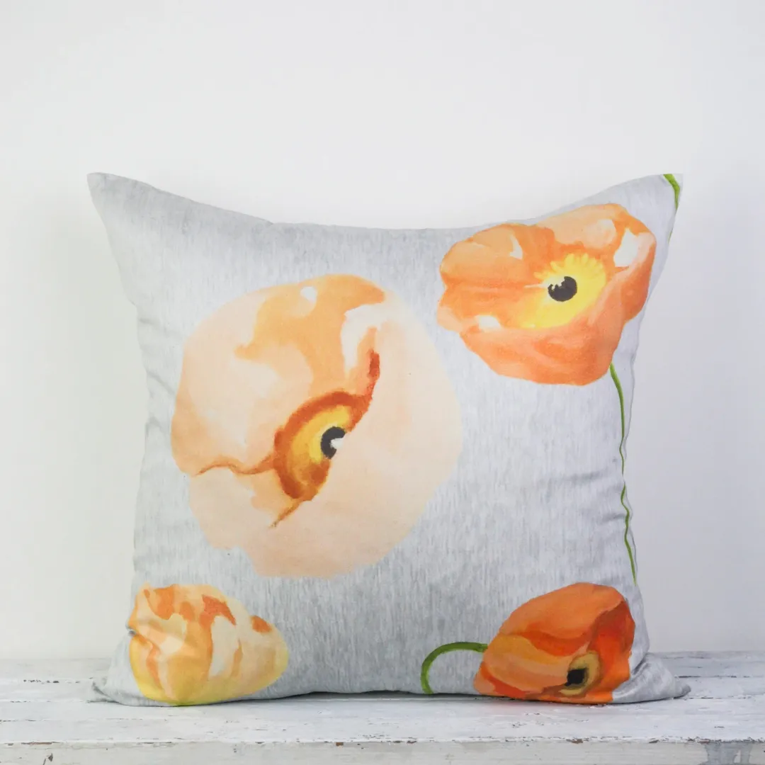 Peach Poppies on Gray Background Pillow