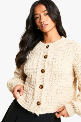 Petite Chunky Basket Stitch High Neck Knitted Cardigan