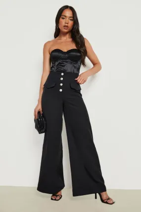 Petite Metal Button Wide Leg Pants