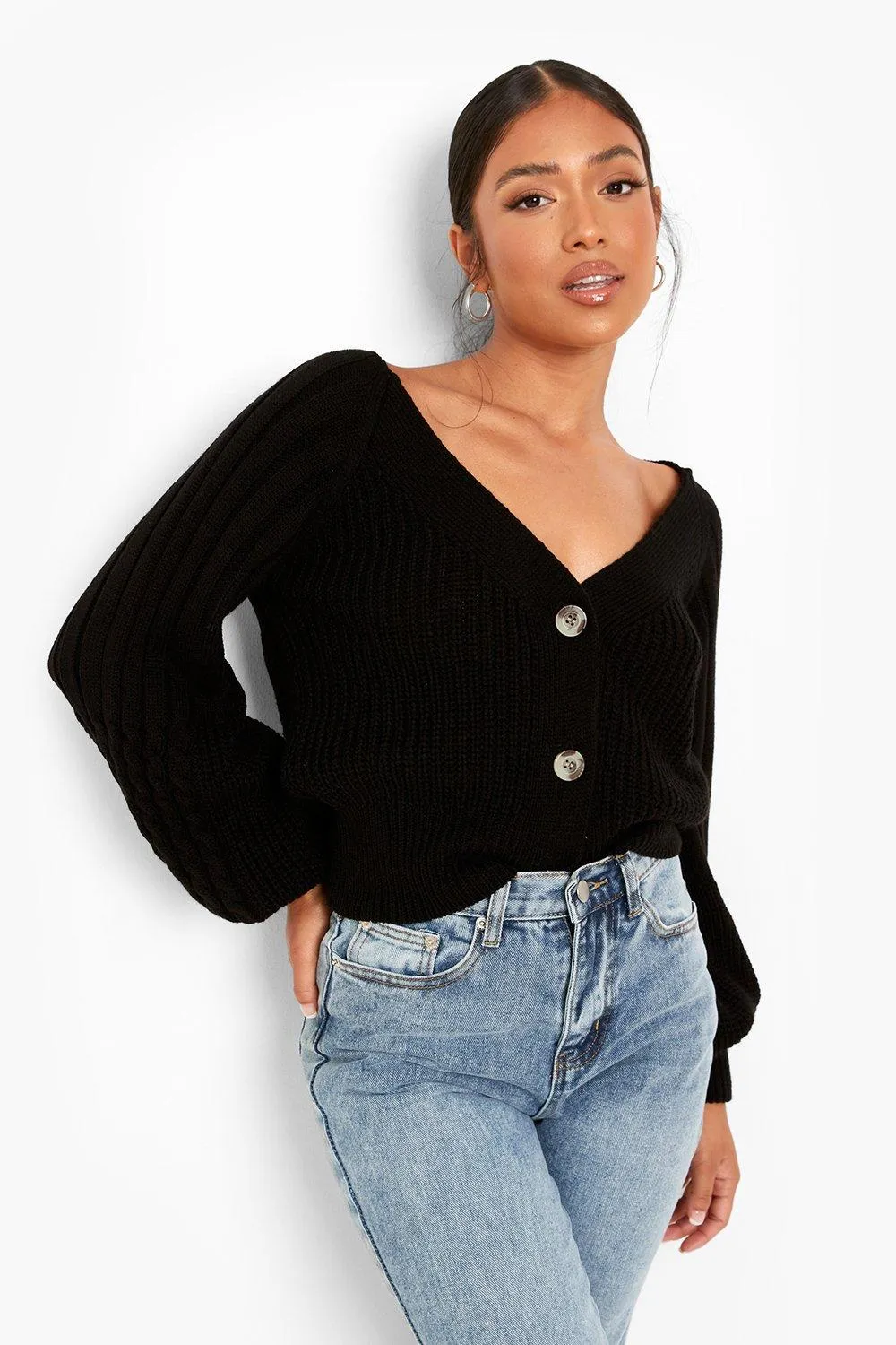 Petite Mixed Stitch Puff Sleeve Cardigan