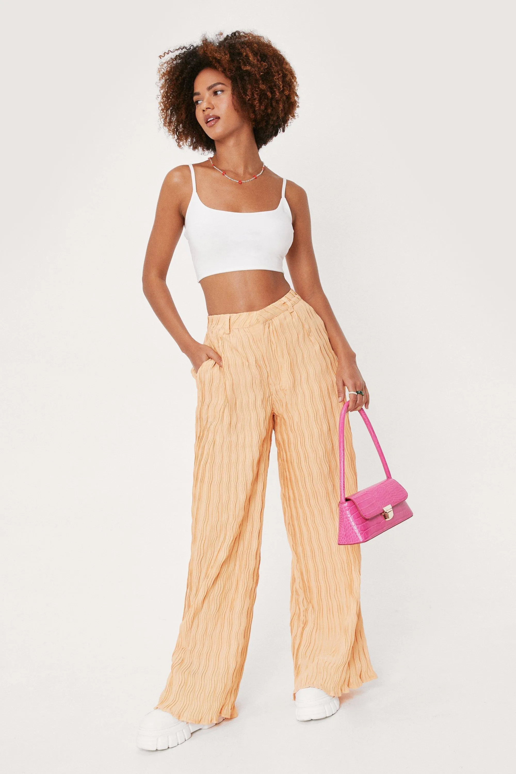 Plisse High Waisted Wide Leg Pants