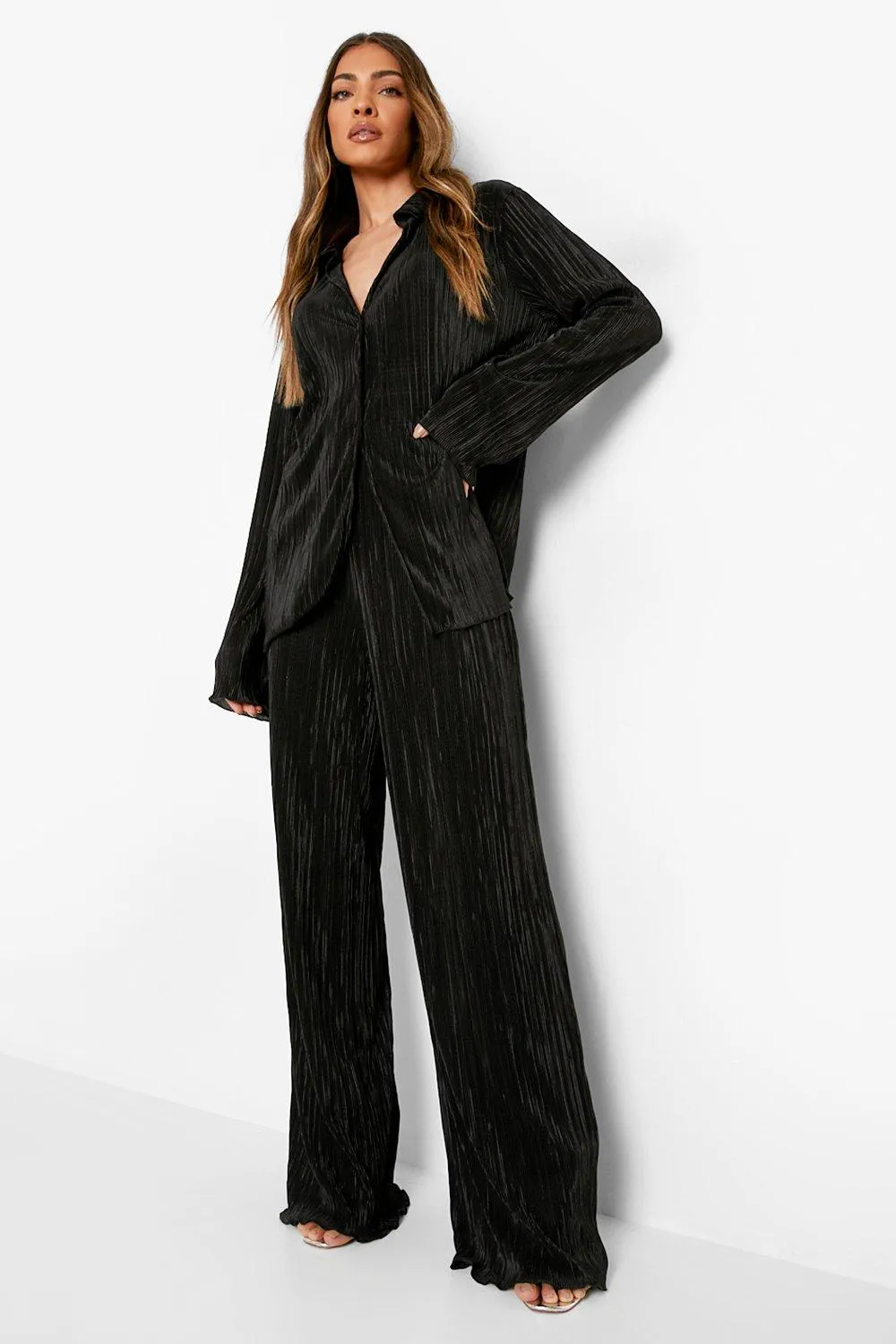 Plisse Shirt & Wide Leg Pants Two-Piece Set