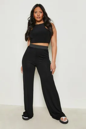 Plus Basic Pin Tuck Wide Split Leg Pants