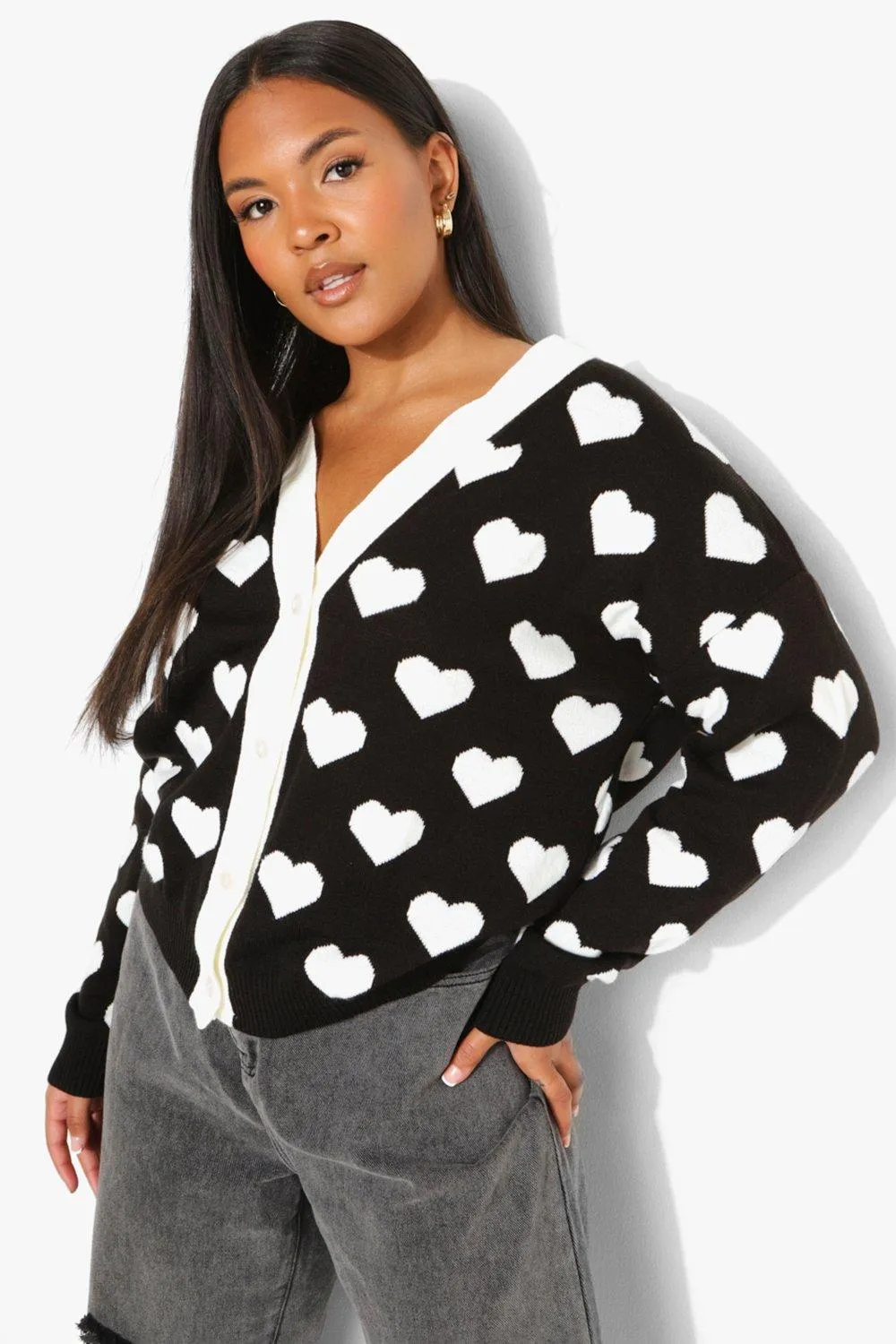 Plus Heart Print Button Through Cardigan