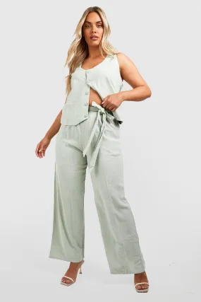 Plus Linen Belted Wide Leg Pants