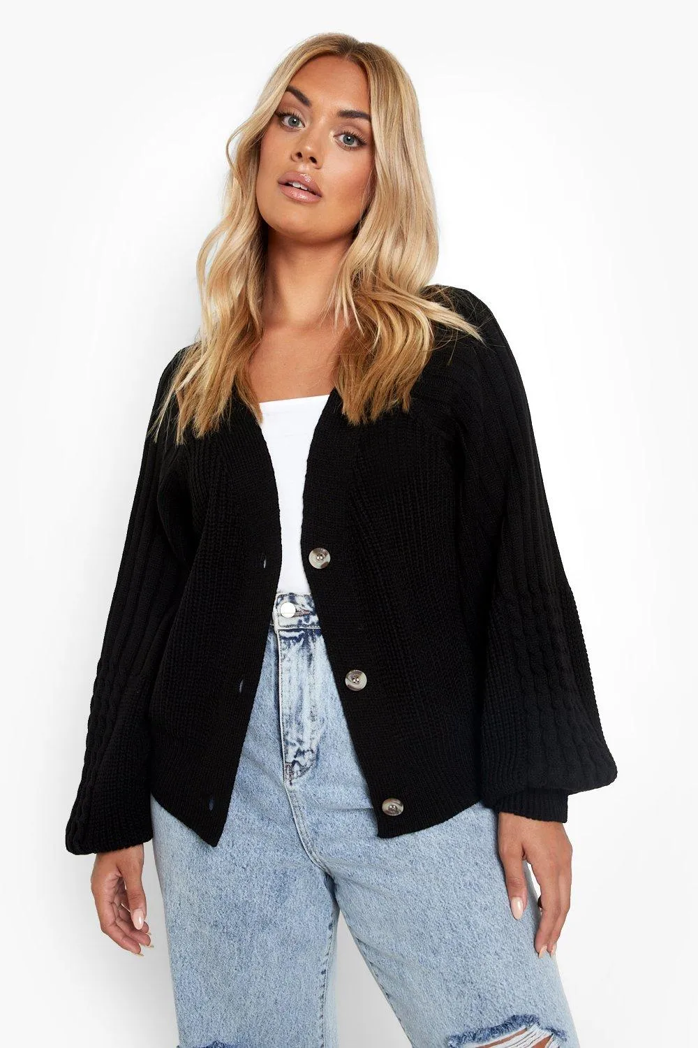 Plus Mixed Stitch Volume Sleeve Cardigan