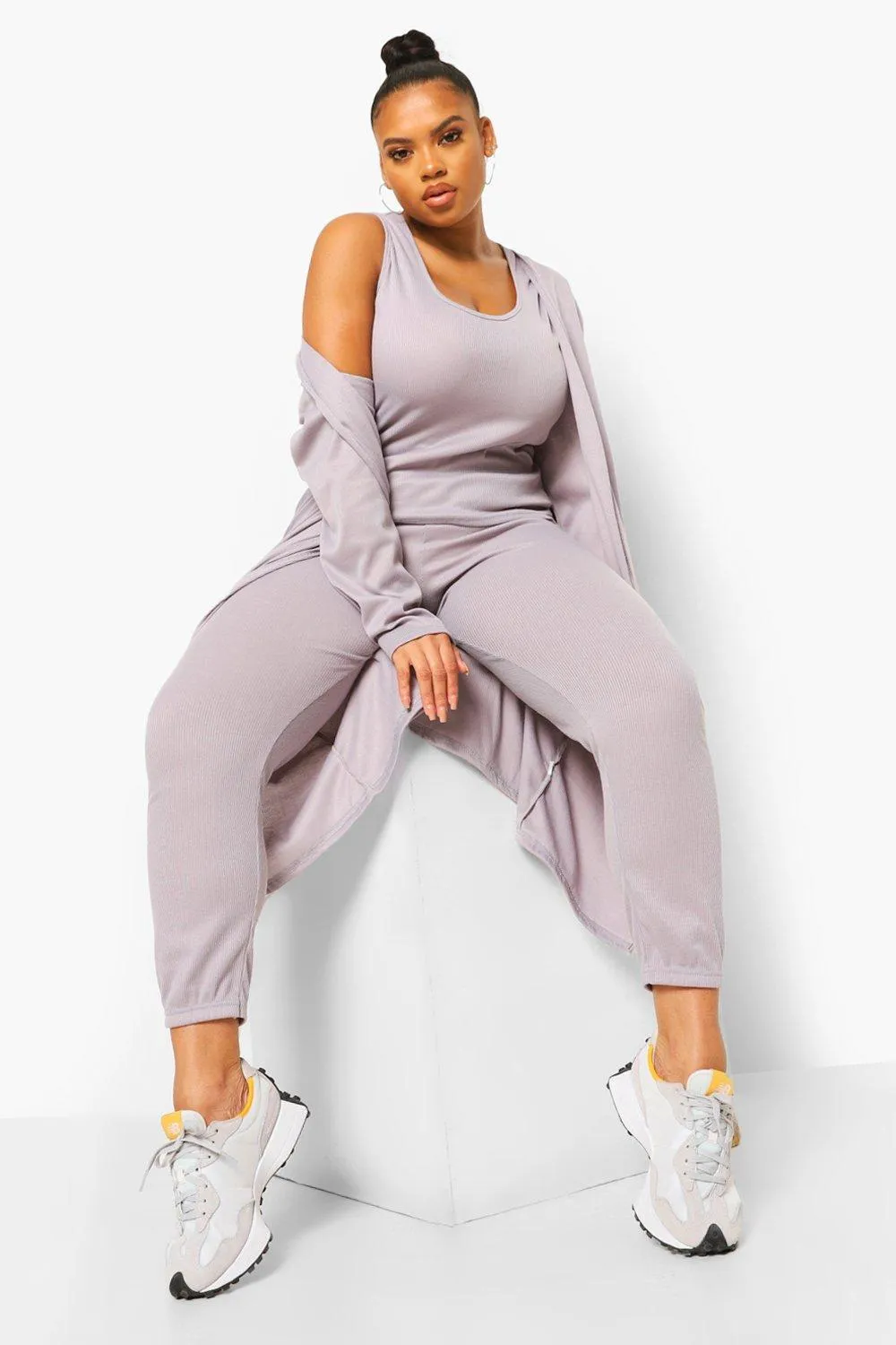 Plus Ribbed Joggers And Cardigan 3 Piece Two-Piece